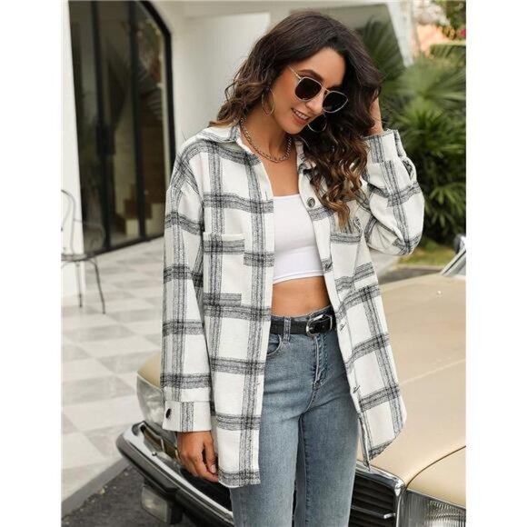 Tops - White Plaid Printed Flannel Button Up Shacket Jacket Coat Thick Long Sleeve Top